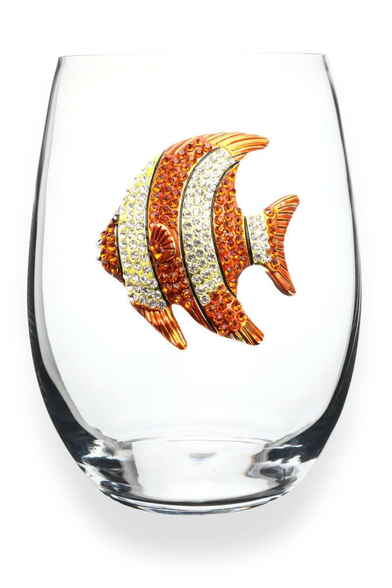 Gold jeweled stemless wine glass with tropical fish pattern