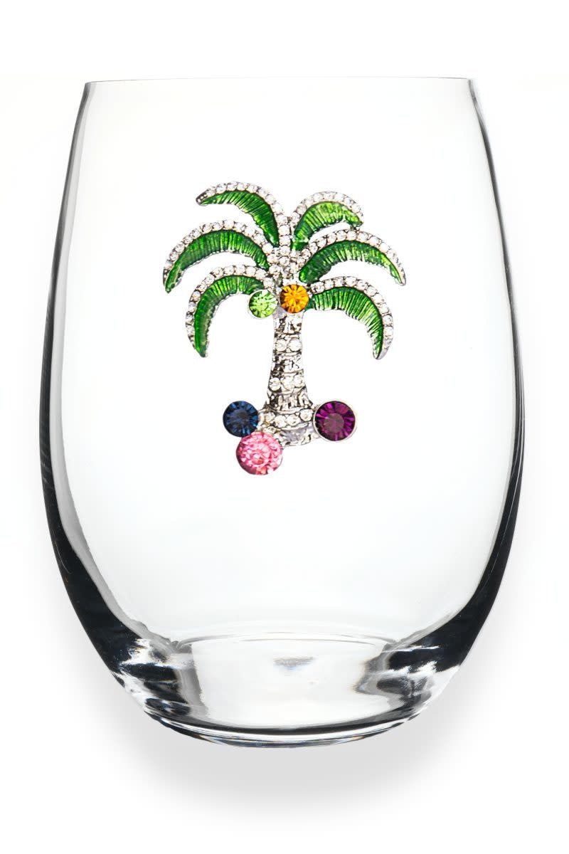 Multi-colored palm tree stemless wine glass with jeweled embellishments
