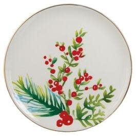 Set of three round earthenware appetizer plates with a Christmas greens pattern.