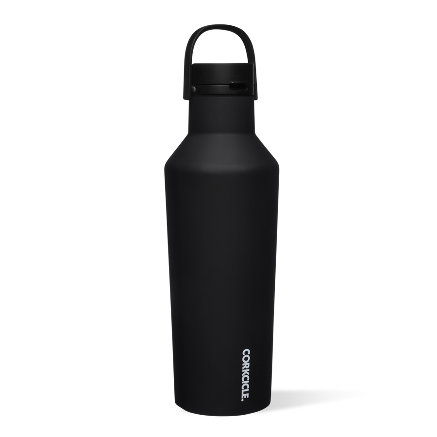 Matte black 32oz Sport Canteen water bottle with a folding handle and wide mouth cap.