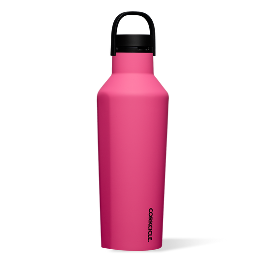 Hot pink 32oz Sport Canteen water bottle with a DURAPRENE finish, black cap, and folding handle.