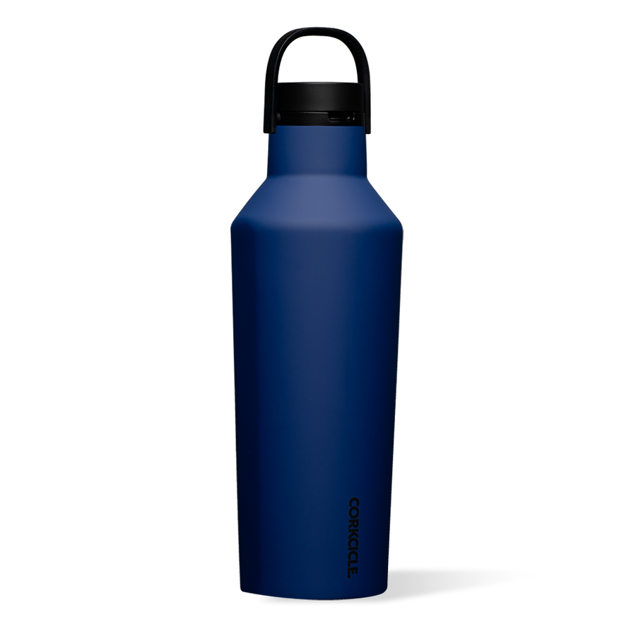 Navy blue 32oz Sport Canteen water bottle with a matte finish, folding handle, and black cap.