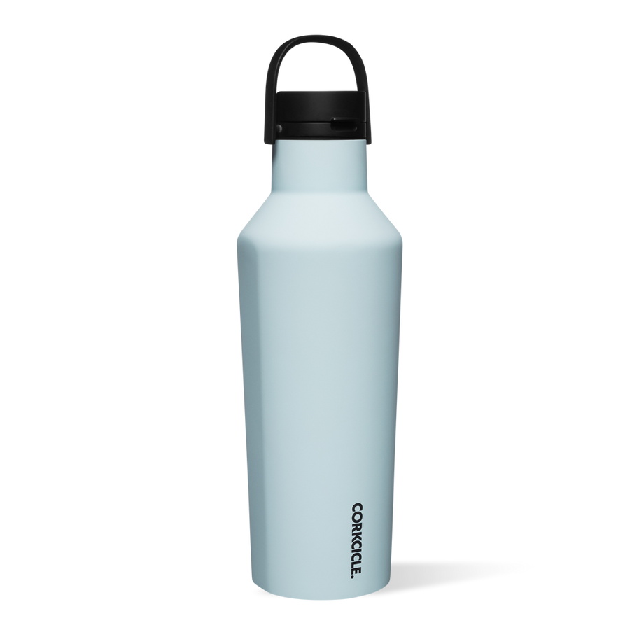 Light blue 32oz Sport Canteen water bottle with a black handle and DURAPRENE finish.