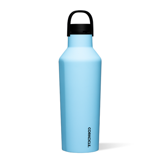 Light blue 32oz Sport Canteen water bottle with a black cap, folding handle, and DURAPRENE finish.