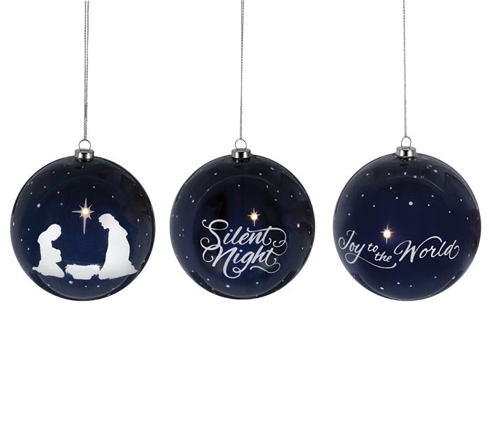 Navy foam ornament with lighted star featuring Joy to the World text