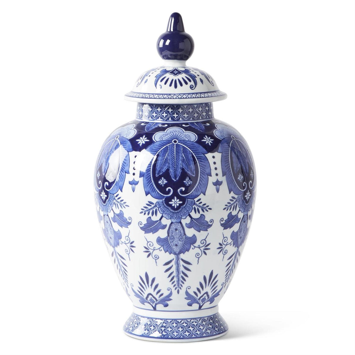 Ceramic blue and white chinoiserie lidded ginger jar with traditional Asian-inspired patterns.