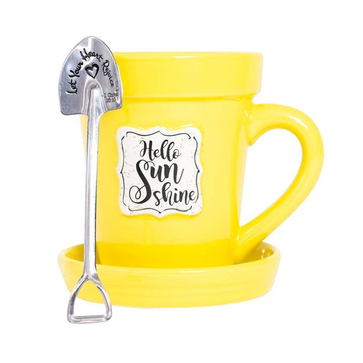 White ceramic flower pot mug with saucer lid and stainless steel garden spade spoon featuring scripture verse.