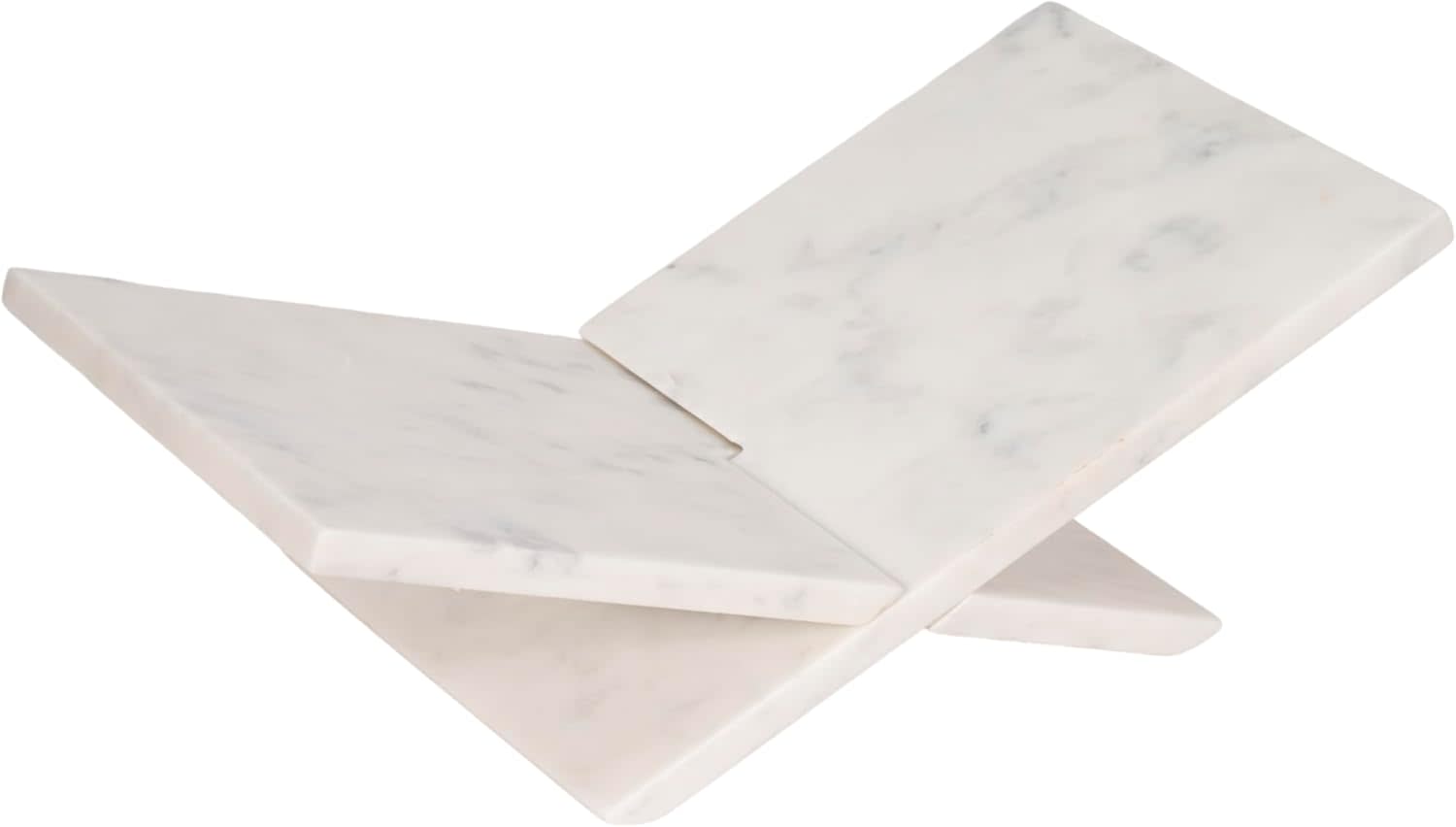 White marble contemporary sculptural bookstand with a modern geometric silhouette.