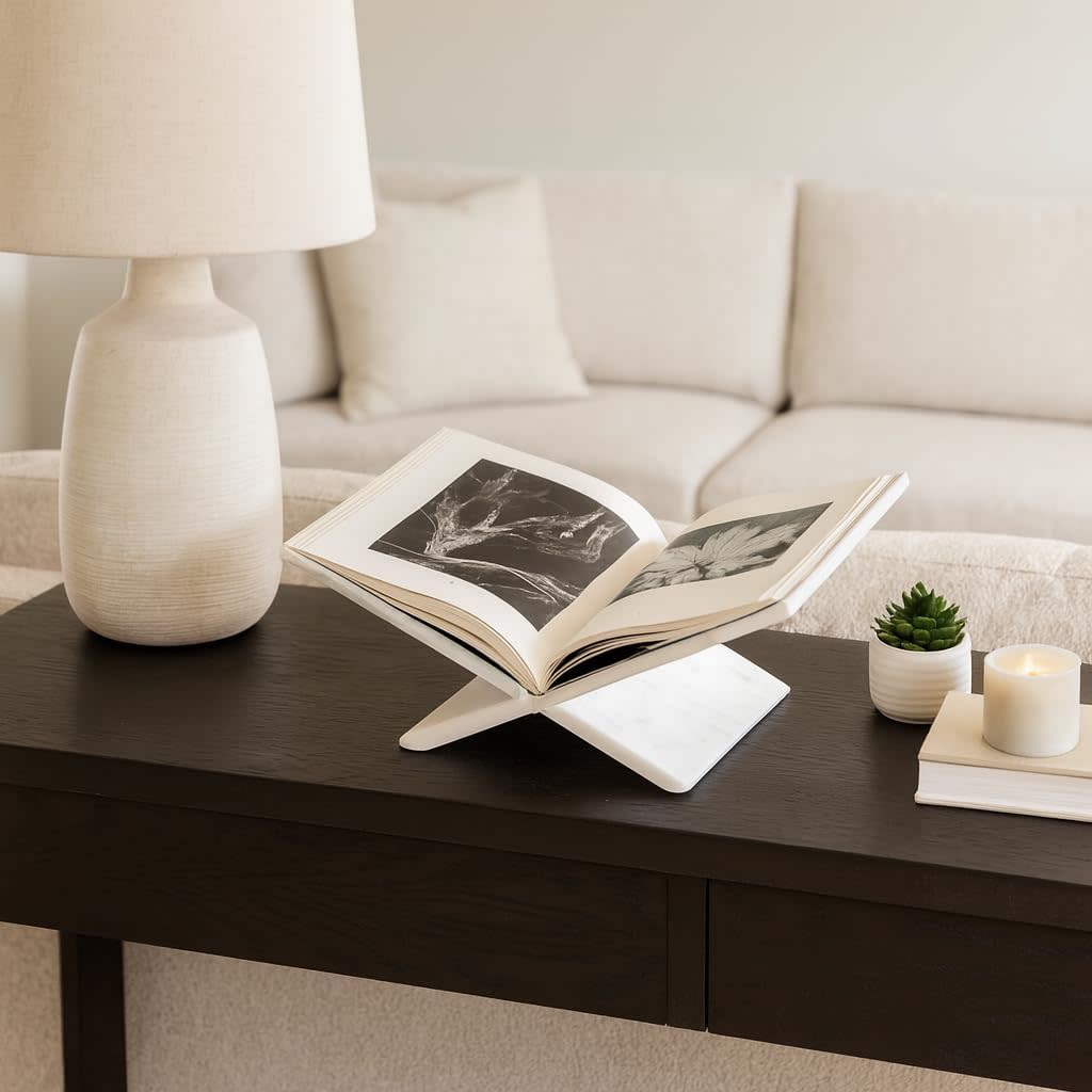 White marble contemporary sculptural bookstand with organic stone texture
