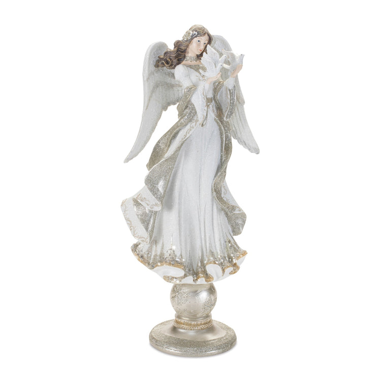 Twenty-inch resin angel statue holding a dove in white with gold accents