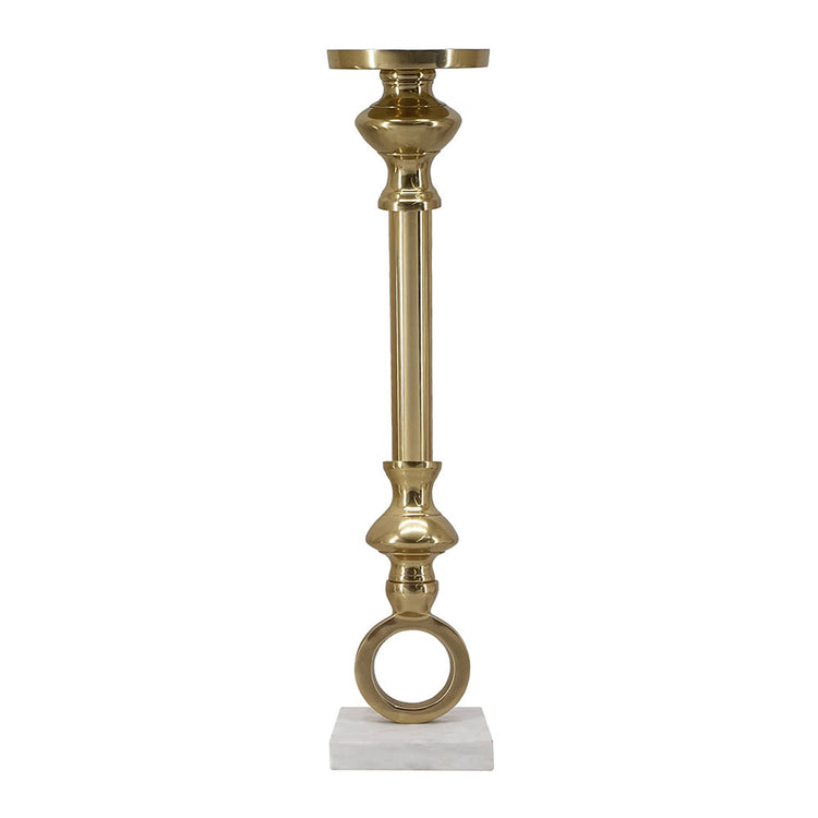 Tall gold aluminum pillar candle holder with white marble base