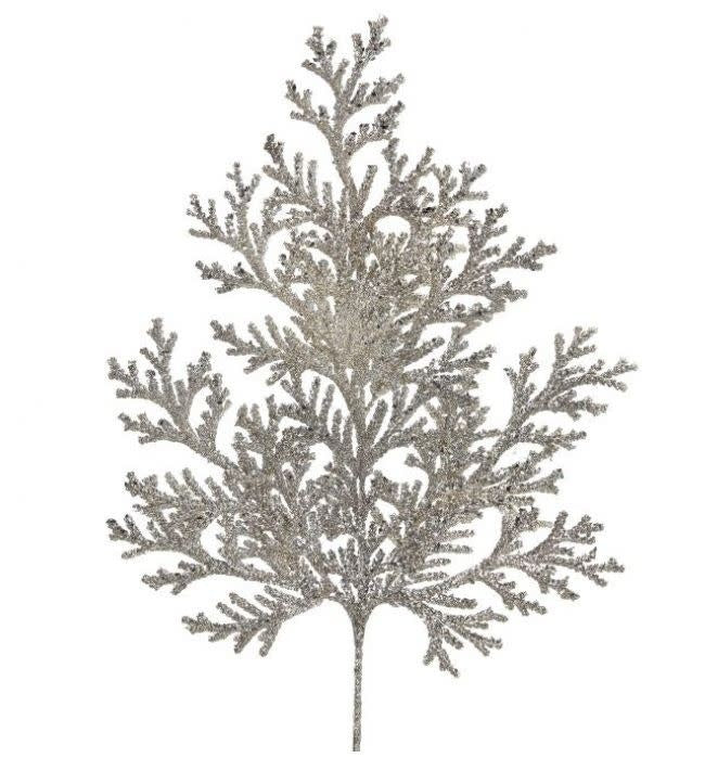 Silver glitter lycopodium spray with a dashing silver finish standing approximately 21 inches tall.