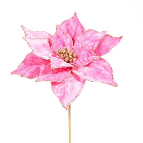 Hot pink velvet poinsettia stem with plastic structure measuring 21 inches tall.