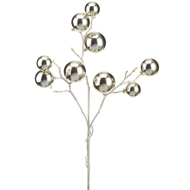 Champagne-colored plastic ball spray with wire stems measuring 21 inches tall.