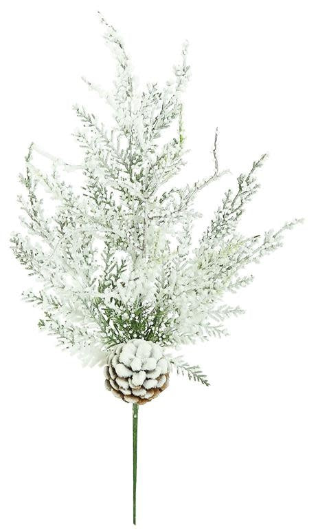 Two-tone green snowy bubble cedar spray with cone ornament