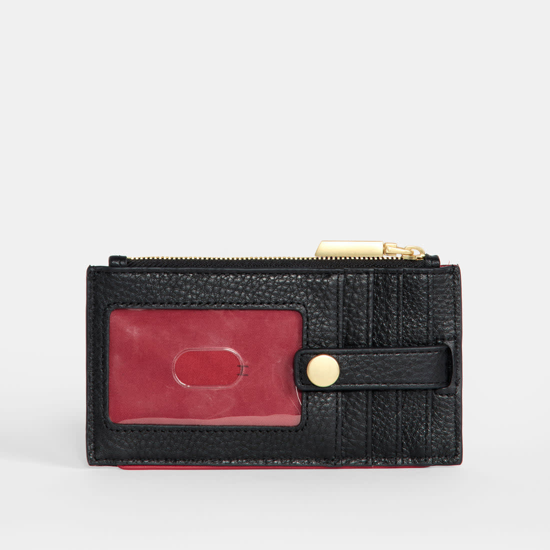 Black leather wallet with snap closure, zipper pocket, and multiple card slots.