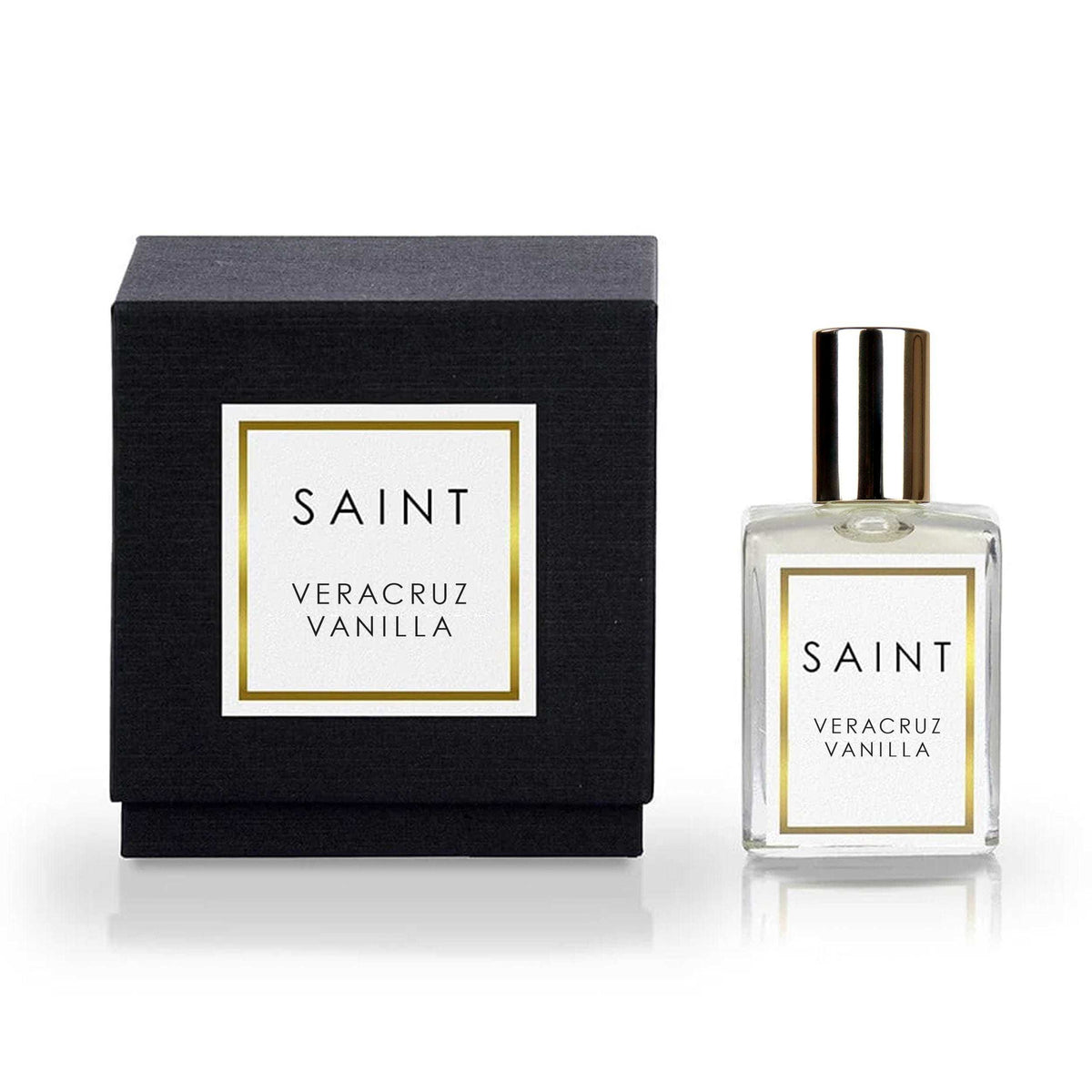 A compact roll-on perfume bottle with a clear glass body revealing amber liquid inside.