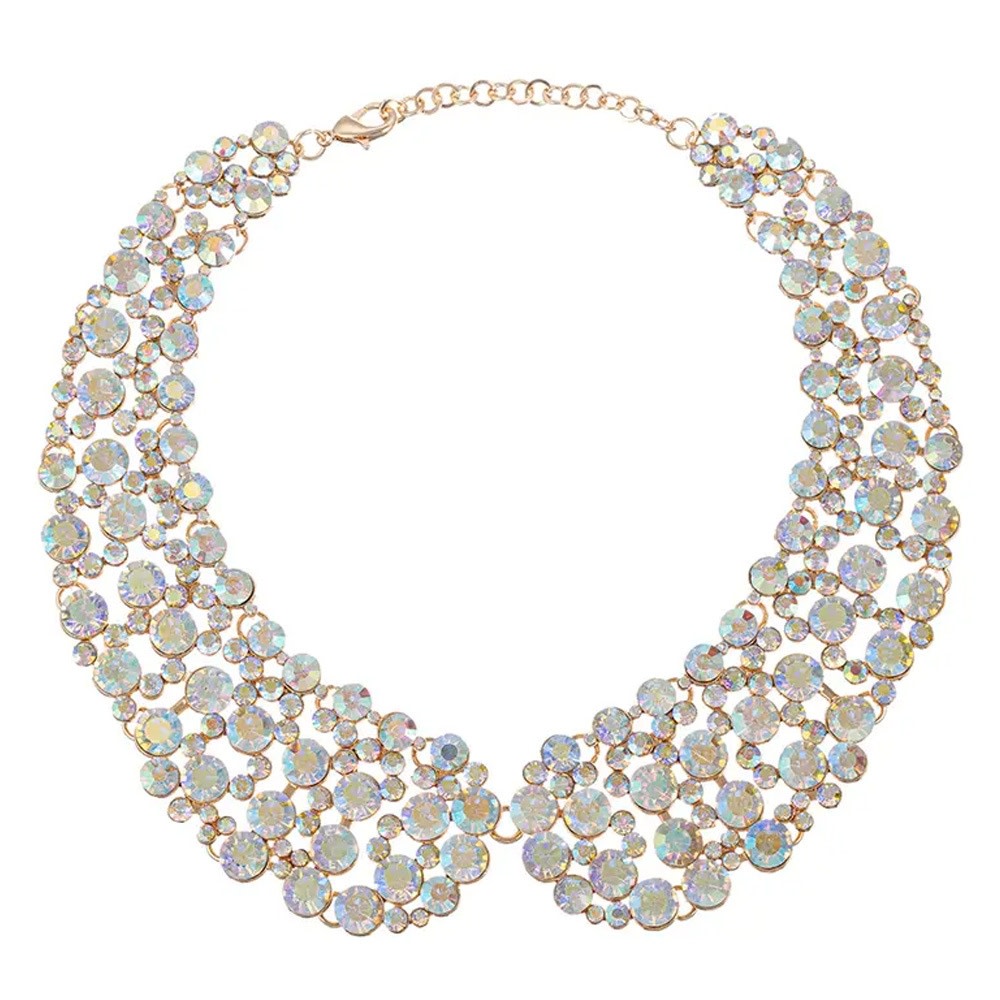 Exaggerated gold-tone collarbone chain necklace with sparkling glass crystal rhinestones.