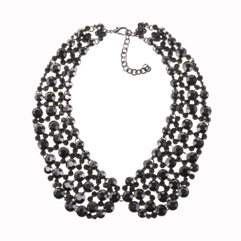Exaggerated black glass crystal rhinestone collarbone chain necklace with a lobster clasp.