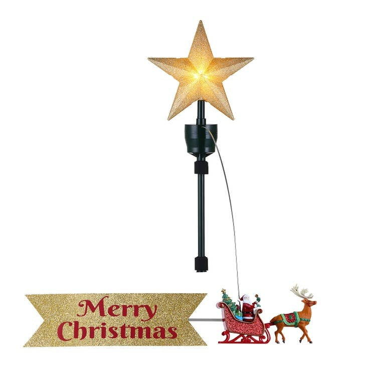 Animated tree topper featuring a Santa's sleigh with trailing banner and illuminated LED star.