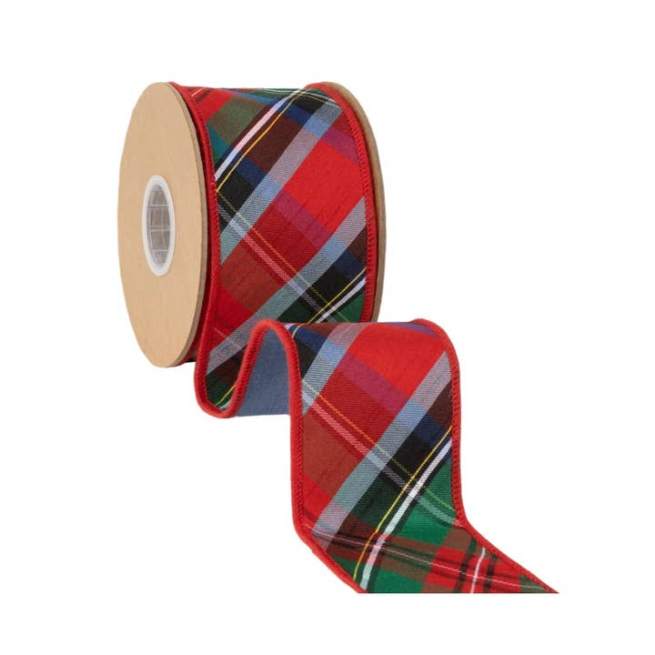 2.5 inch wired dupioni ribbon in traditional red, green, and blue Christmas plaid on a 10 yard roll.