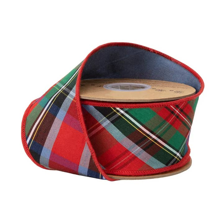 2.5 inch wired dupioni ribbon in a red, green, and blue bias cut traditional Christmas plaid.