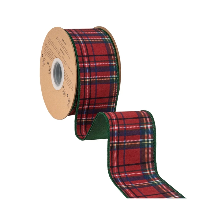 2 1/2 inch wired dupioni ribbon in red traditional plaid with green backing on a 10 yard roll.