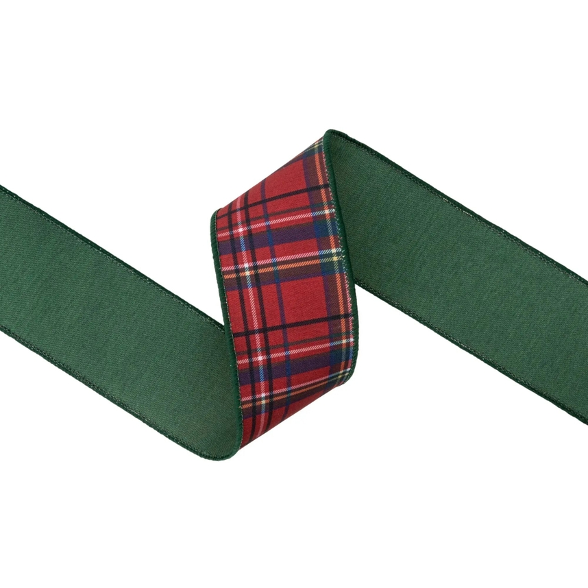 2.5 inch wired dupioni ribbon with red traditional plaid front and solid green backing.
