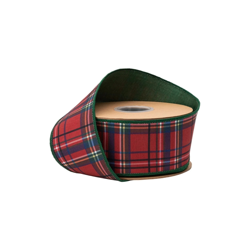 2.5-inch wired red traditional plaid dupioni ribbon with green backing on a 10-yard roll.