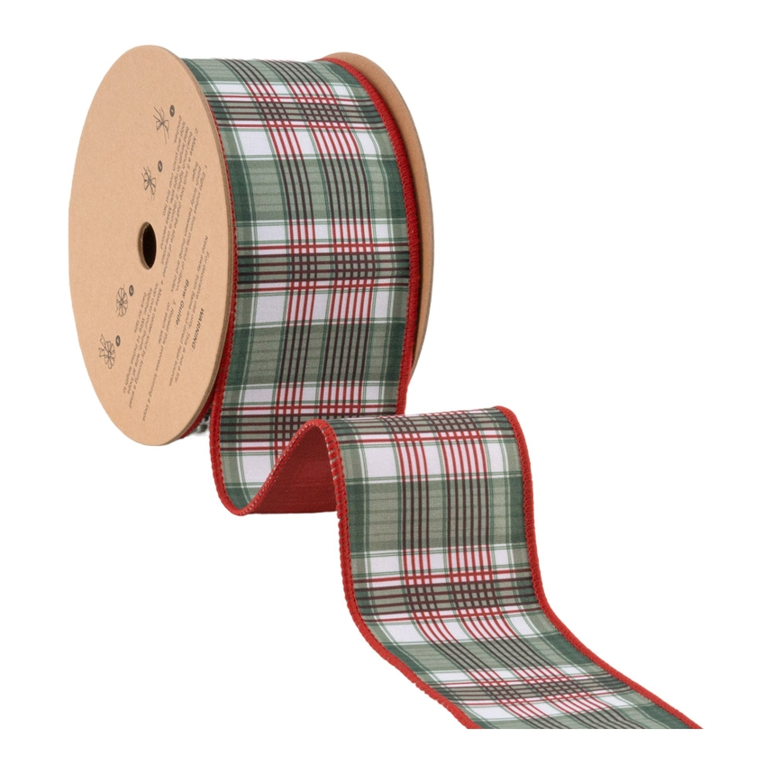 2 1/2 inch wired reversible dupioni ribbon roll with red and green plaid pattern.