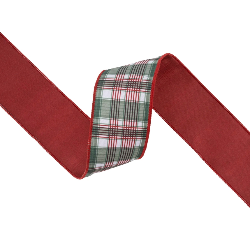 2 1/2 inch wired reversible dupioni ribbon with red and green plaid on one side and solid red back.