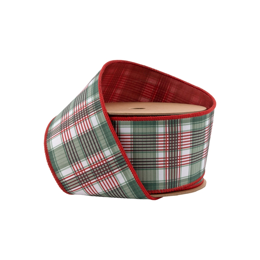 2.5 inch wired reversible dupioni ribbon with red and green plaid pattern on a 10 yard roll.