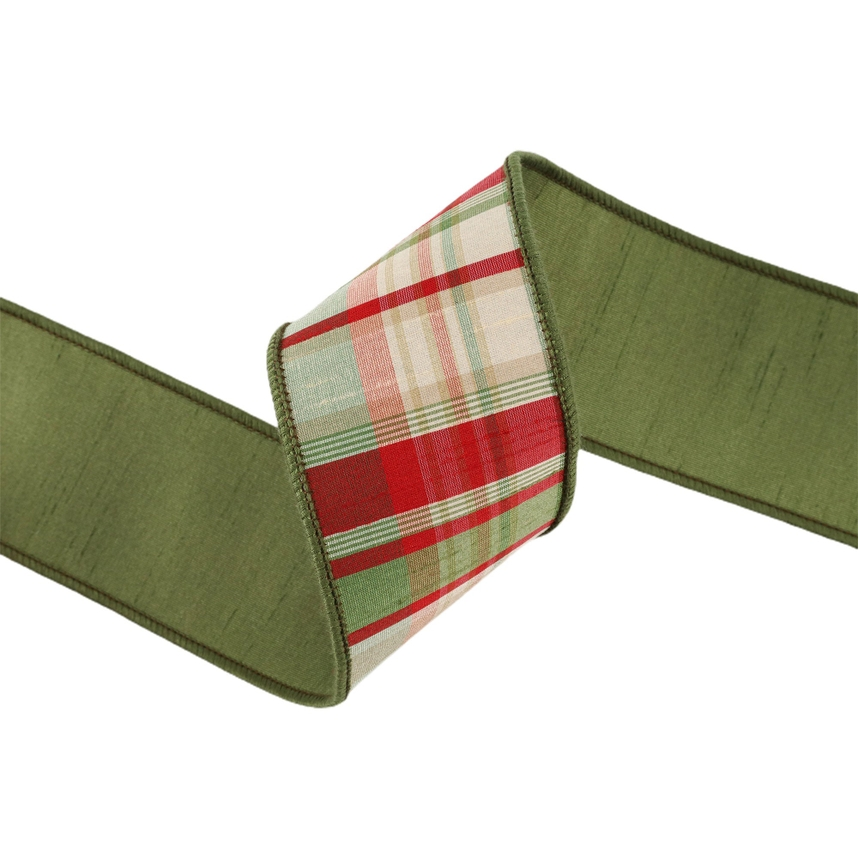 2 1/2 inch wired ribbon with red and green plaid pattern and olive green dupioni backing.