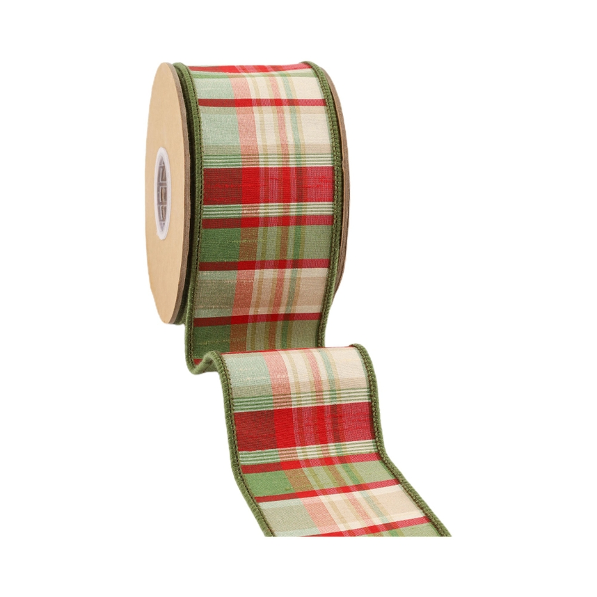2.5 inch wired ribbon roll with a red and green plaid pattern and dupioni backing.