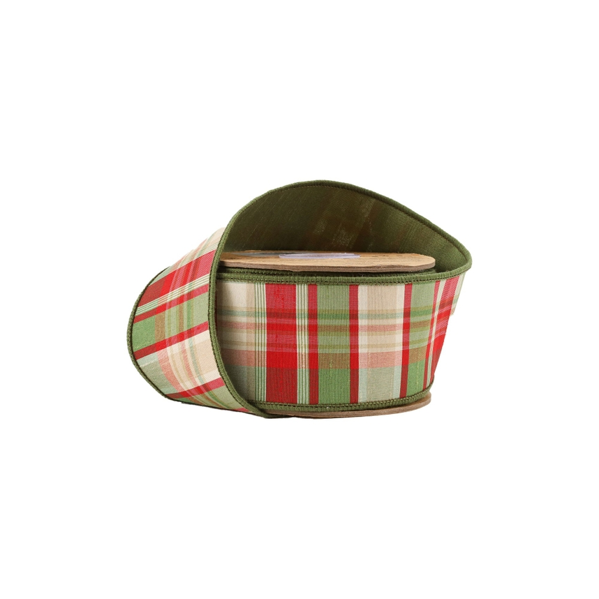 2 1/2 inch wired red and green plaid ribbon roll with a solid green dupioni backing.