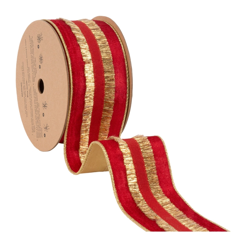 2.5 inch wired red velvet ribbon with gold fringe on a 10 yard roll.