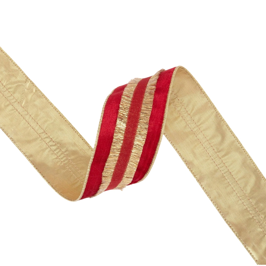 2.5 inch wired red velvet ribbon with gold fringe stripes on a 10 yard roll.
