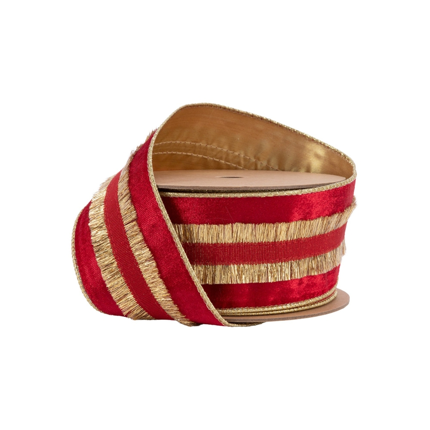 2 1/2 inch wired red velvet ribbon with gold fringe on a 10 yard roll.