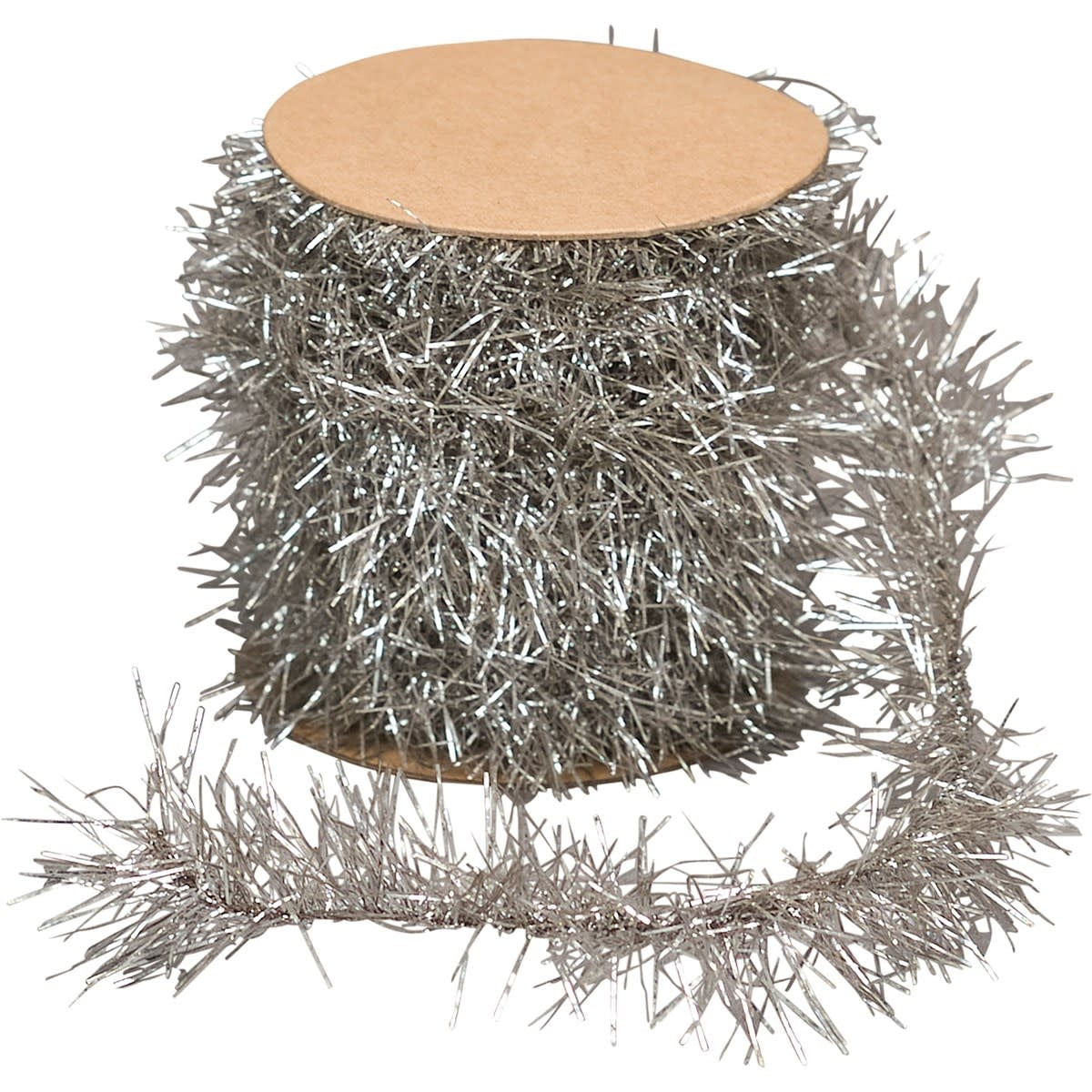 Silver tinsel garland on a spool with 144-inch length.