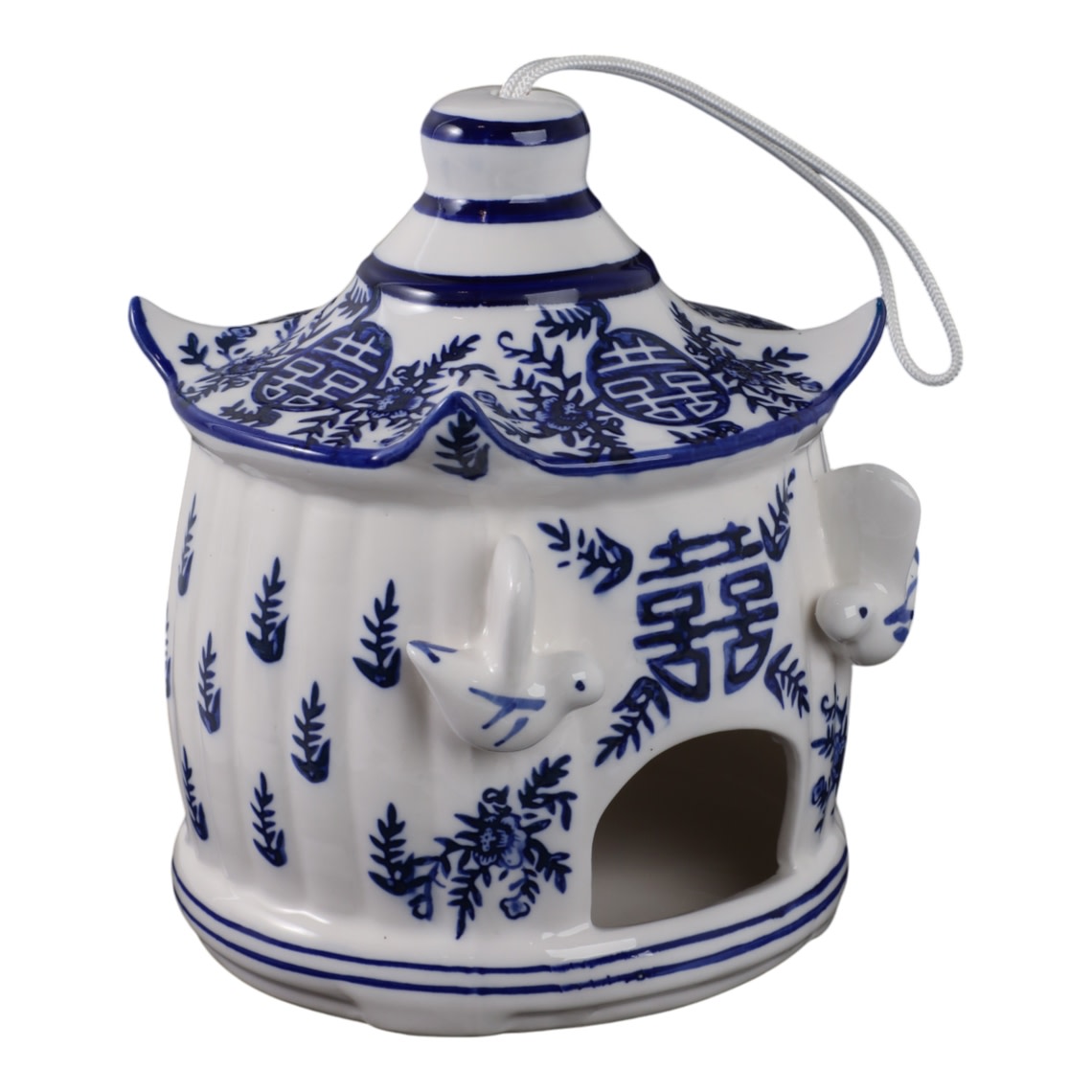 White birdhouse with blue chinoiserie pagoda roof featuring a large decorative bird silhouette.