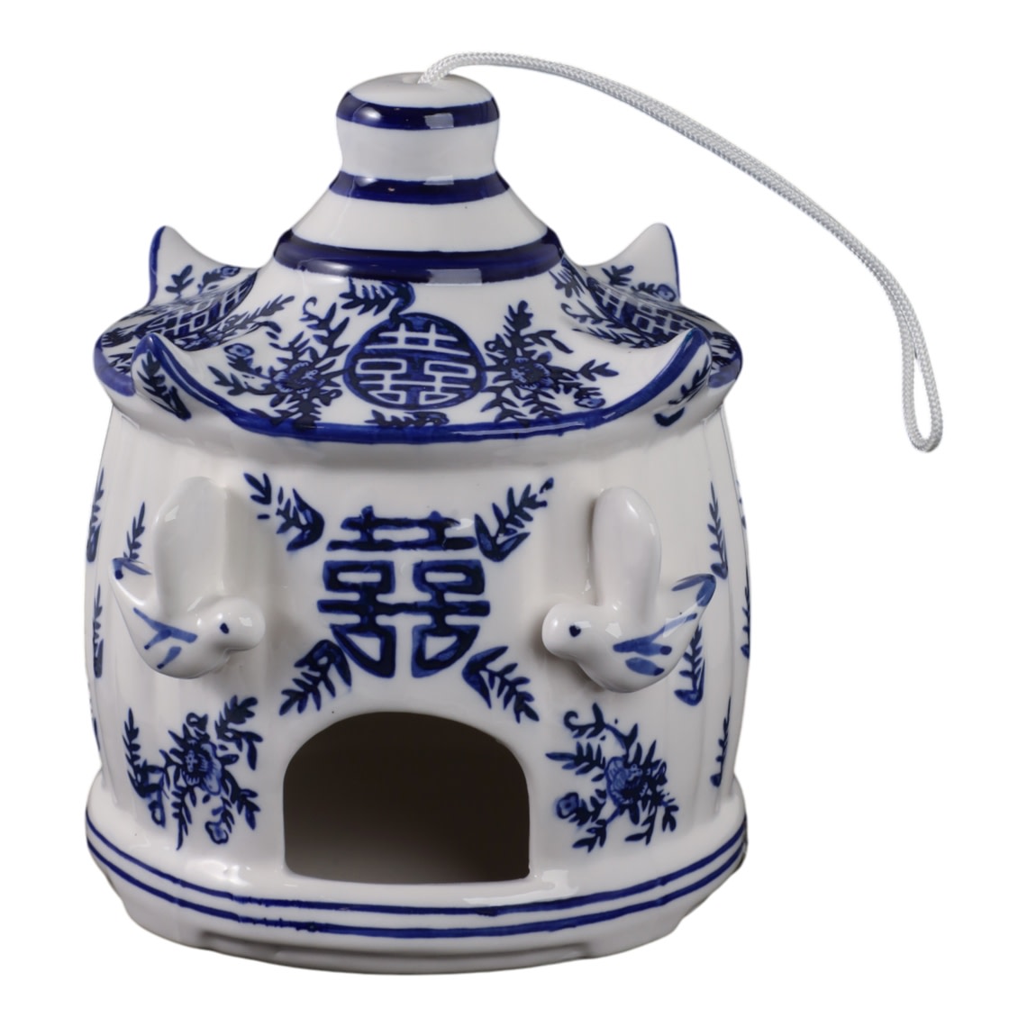 White birdhouse with blue chinoiserie pagoda roof featuring a large decorative bird silhouette.