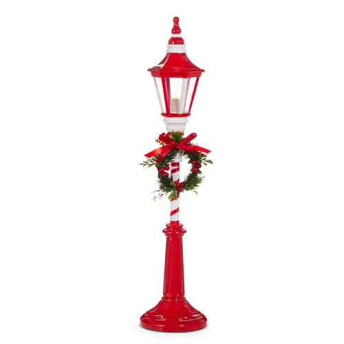 21" Lighted Red and White Lamp Post