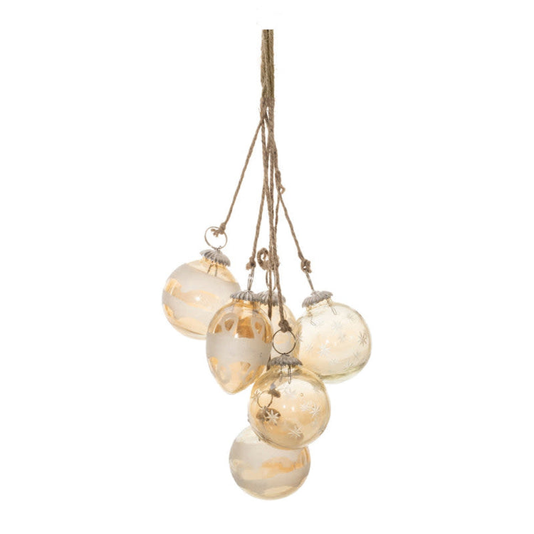 A 21-inch glass and jute ornament drop with a natural woven texture.