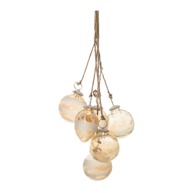 A 21-inch glass and jute ornament drop with a natural woven texture.