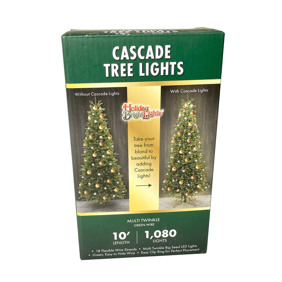 Green wire LED cascade tree lights with multicolor twinkling bulbs spaced two inches apart.