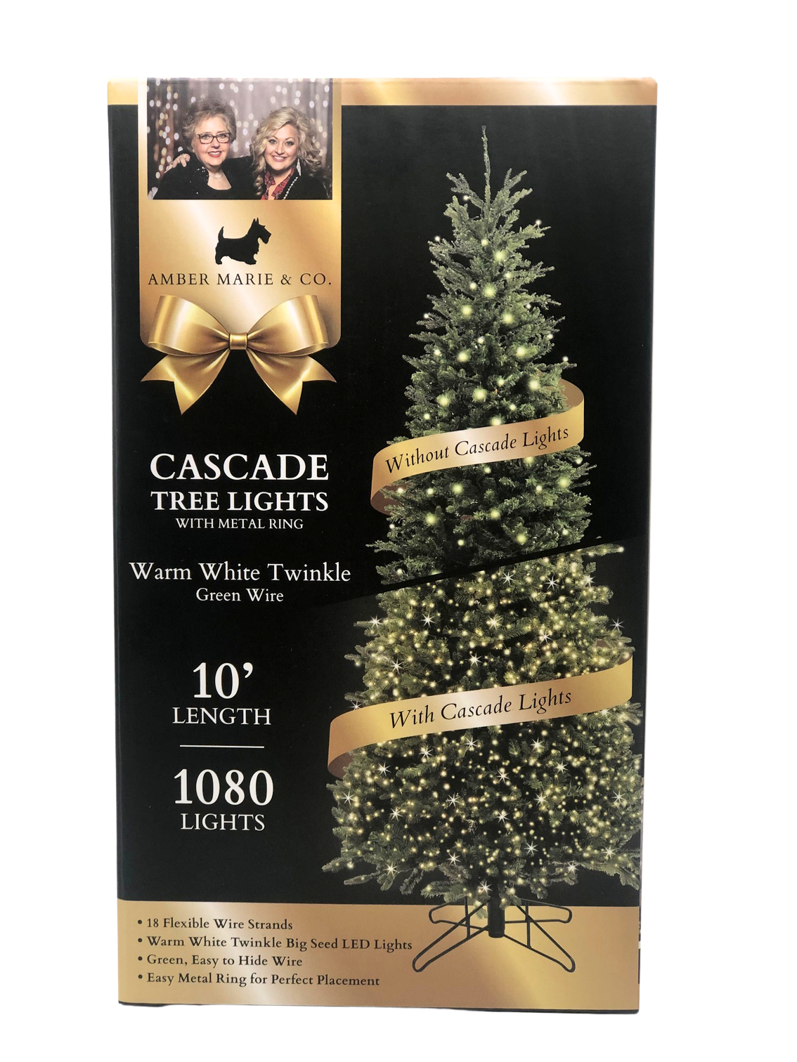 Diamond Cascade Lights box showing 10' warm white twinkle LED tree lights on a green wire.