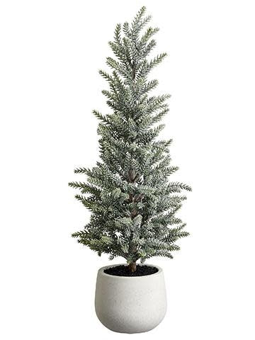 Twenty-two inch green glittered pine tree in a terra cotta pot with wire and sand accents.