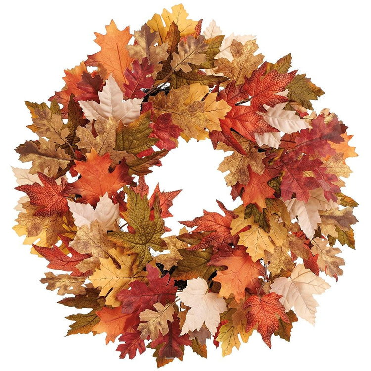 Fabric wreath with maple and oak leaves in brown and green tones.