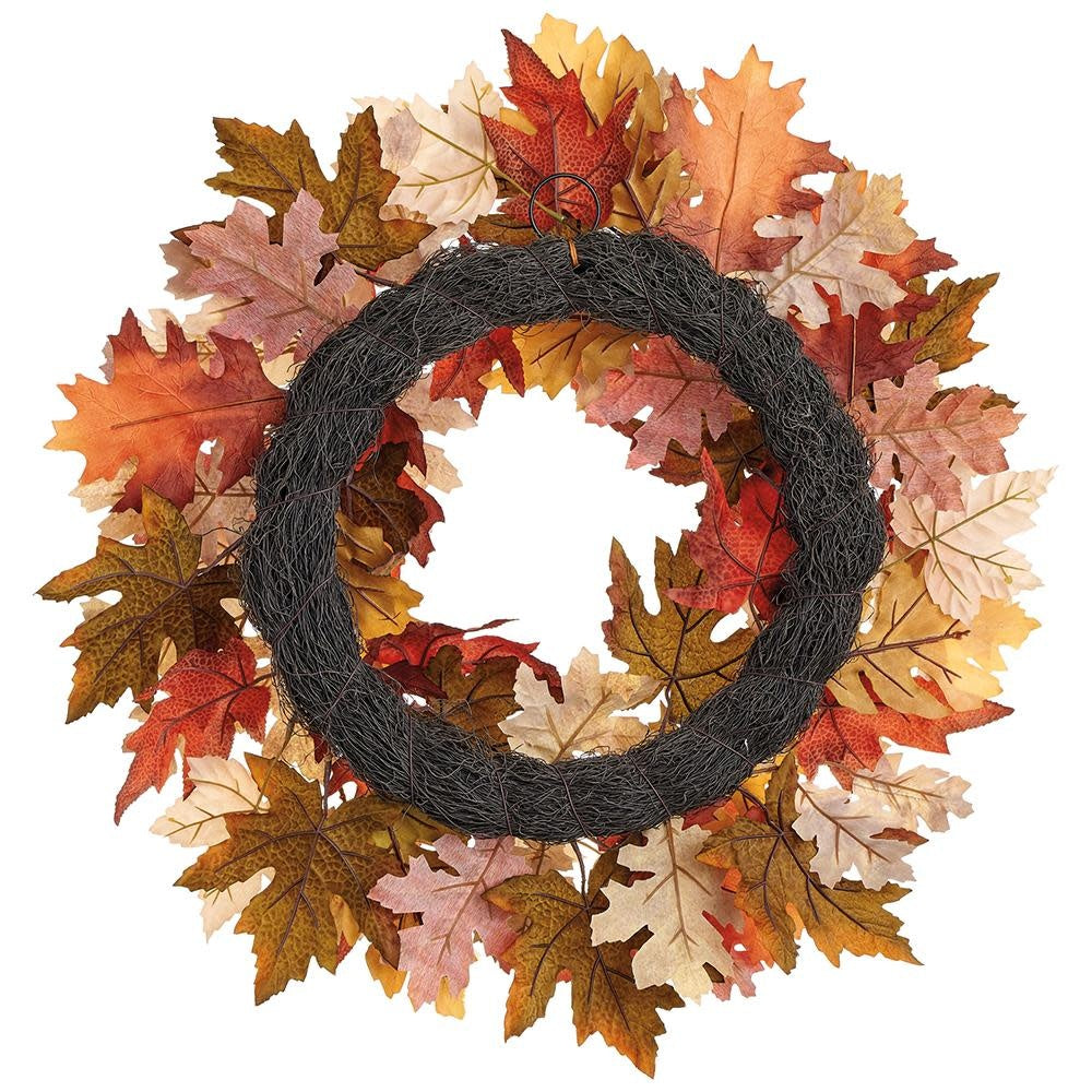 A circular fabric wreath featuring brown maple leaves and green oak leaf accents.