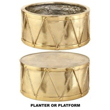 Black metal drum planter stand with royal court detailing